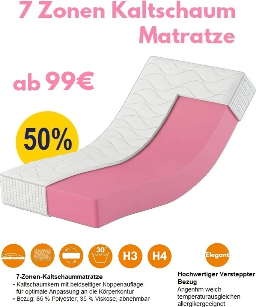 Kaltschaum Matratze 90 X 200 14cm Karex® Elegant H3 H4 Schaummatratze Orthopädisch Bezug Mit Reißverschluss 7 Zonen – Bild 3
