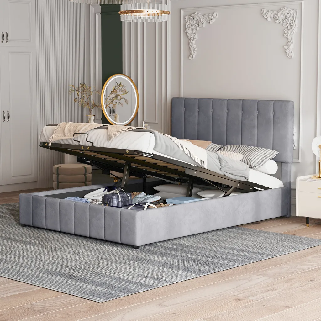 Polsterbett 140x200cm Bettgestell, Mit Polsterkopfteil Lattenrost Stauraum Bett Polsterbetten Doppelbett Holz Stauraumbett Erwachsenen Jugendbett, Grau Ohne Matratze – Bild 7