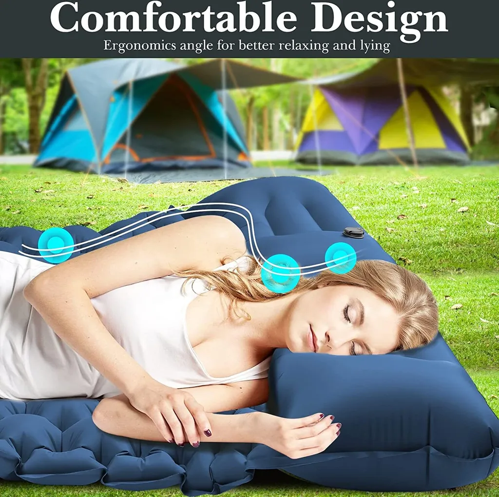 Camping Isomatte 2 Personen Aufblasbare Isomatte, Fußpresse Aufblasbare Wasserdicht Faltbar Schlafmatten Mit Kissen Für Camping, Picknick,Trekking, Und Reisen,Blau – Bild 6