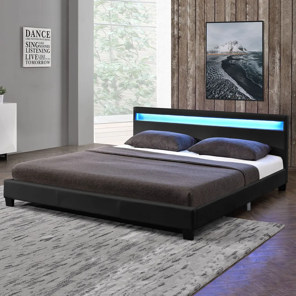 Juskys Polsterbett Paris 140 X 200 Cm Schwarz – Bettgestell Mit LED Beleuchtung, Lattenrost & Kopfteil – Kunstleder & Holz – Bett Jugendbett – Bild 2