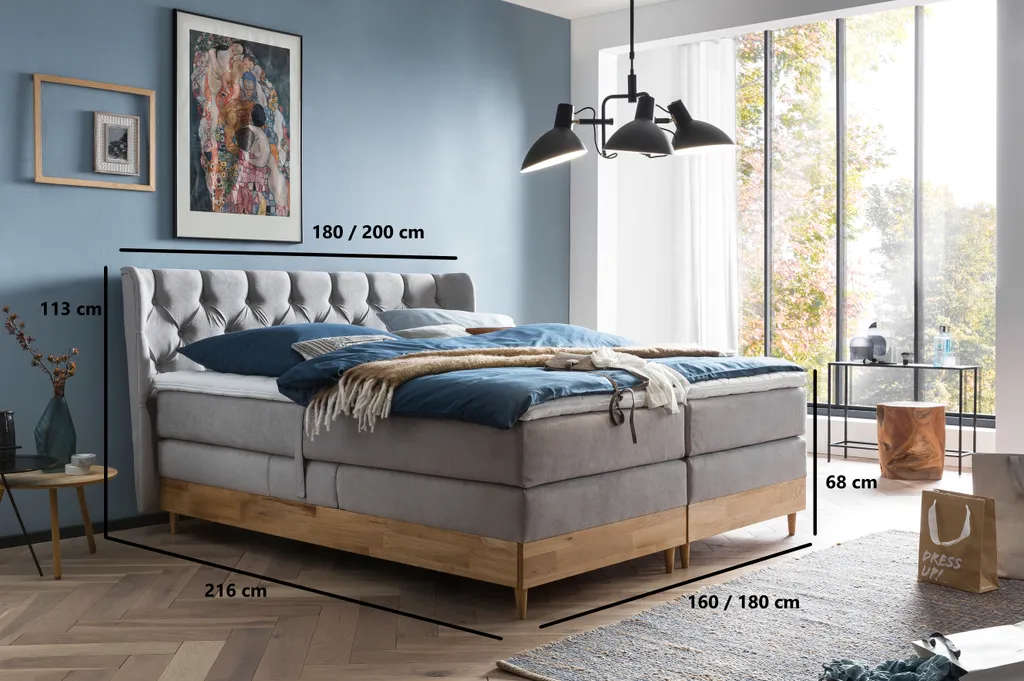 Belanoti EON Boxspringbett 160x200 Elektrisch Verstellbar 7-Zonen Taschenfederkern Matratze Inkl Visco Topper Bett 160x200 Mit Motor In Der Farbe Hellgrau H2/H3 Polsterbett Motorbett Mit Massivholz