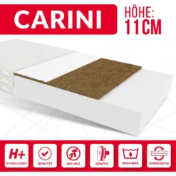 Matratze 90x200 Cm CARINI H3 H4 Kaltschaum Kokos Höhe Ca. 11 Cm Mit Waschbarem Bezug Premium Jersey