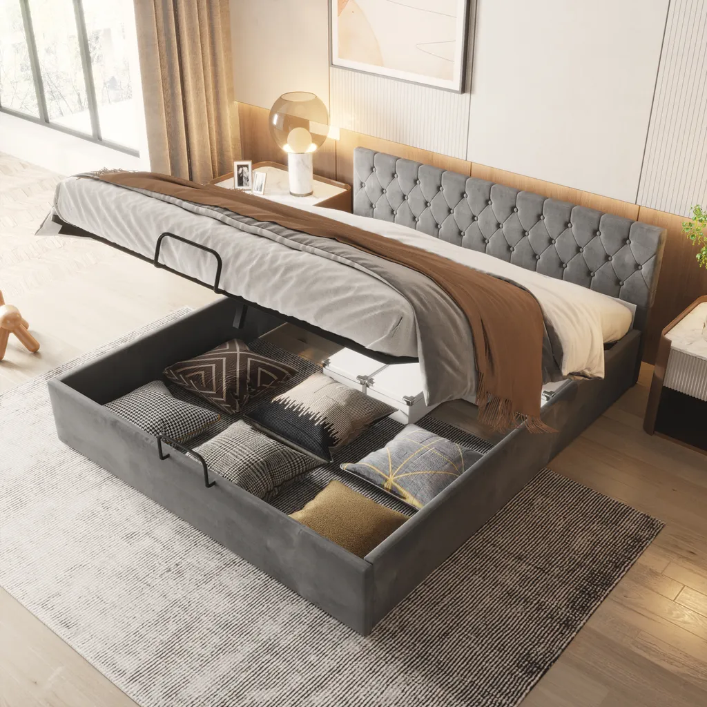 Polsterbett 180x200cm Bettgestell, Mit Lattenrost Rückenlehne Stauraum Bett Polsterbetten Holz Stauraumbett Doppelbett Erwachsenen Jugendbett, Grau Ohne Matratze