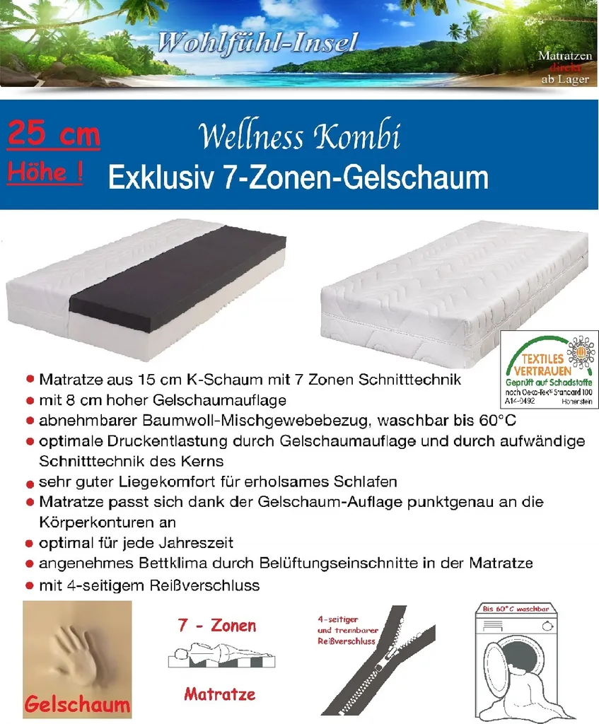 25cm 7-Zonen Gelschaum Matratze (100x200cm) Wellness-Kombi