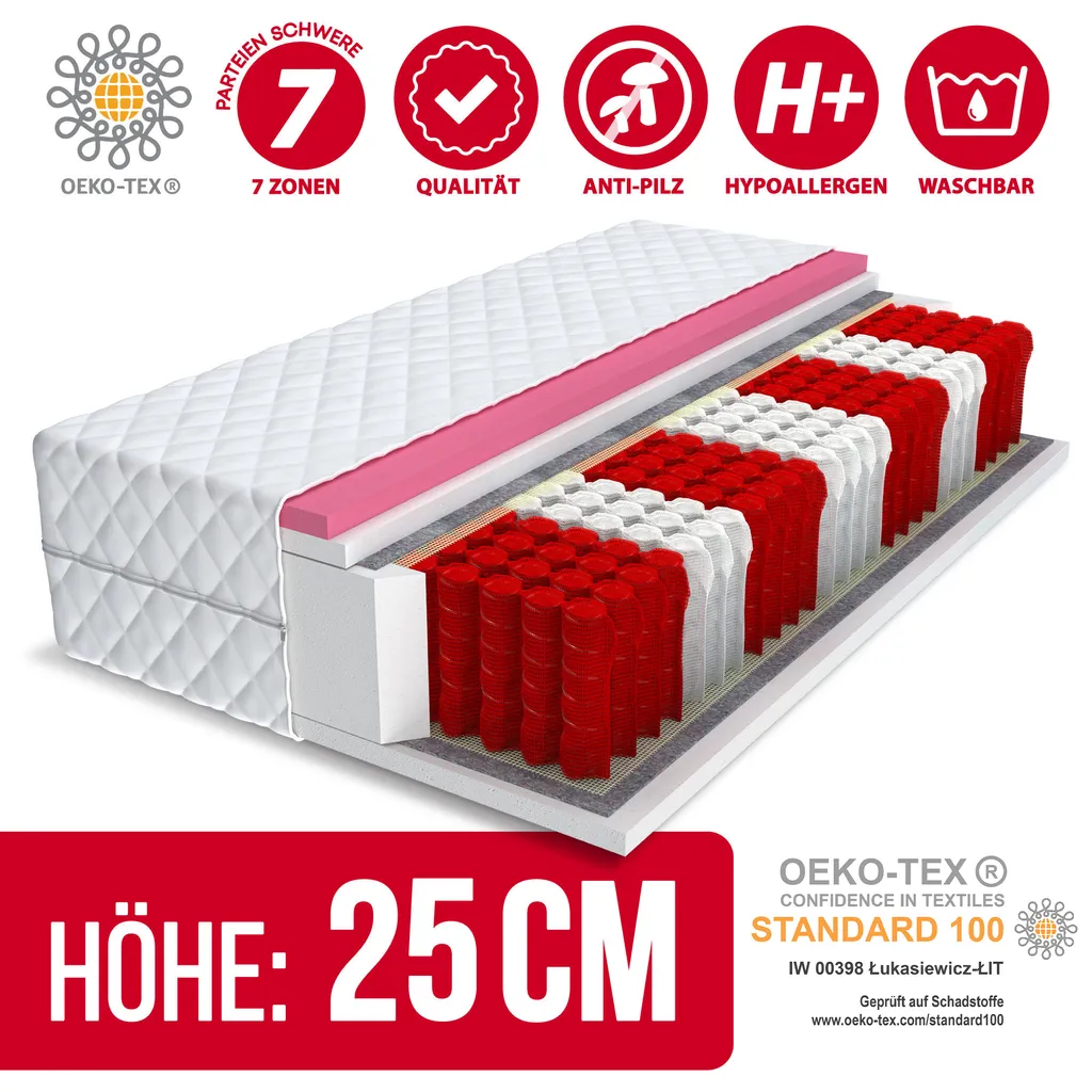 Matratze 140 X 200 Cm MEMORY MULTI Höhe Ca. 25 Cm H3 Premium Multipocket-Taschenfederkern 7 Zonen VISCO Schaum