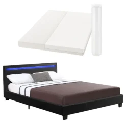 Juskys Polsterbett Verona 120x200 Cm - Bettgestell Inkl. LED-Beleuchtung, Lattenrost & Matratze - Schwarz - Kunstleder - Einzelbett Jugendbett