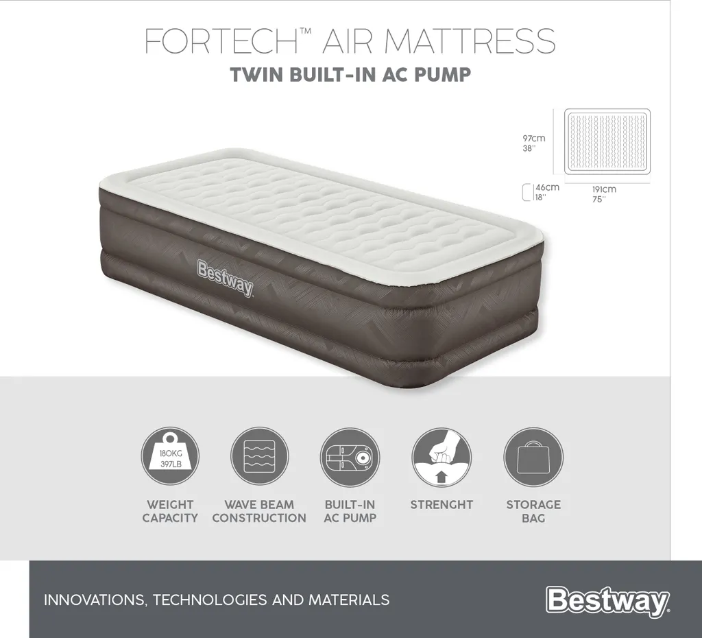 Bestway® Fortech™ Luftbett Mit Integrierter Elektropumpe Single XL/lMid 191 X 97 X 46 Cm – Bild 18