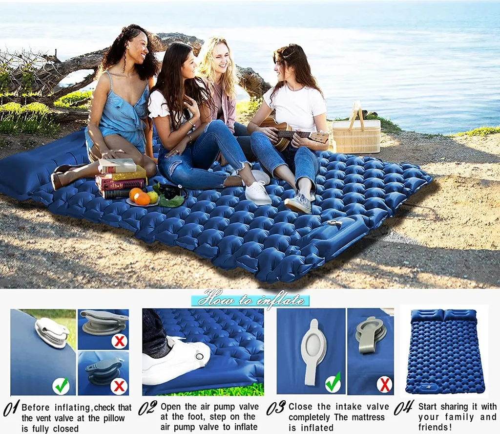 Camping Isomatte 2 Personen Aufblasbare Isomatte, Fußpresse Aufblasbare Wasserdicht Faltbar Schlafmatten Mit Kissen Für Camping, Picknick,Trekking, Und Reisen,Blau – Bild 4