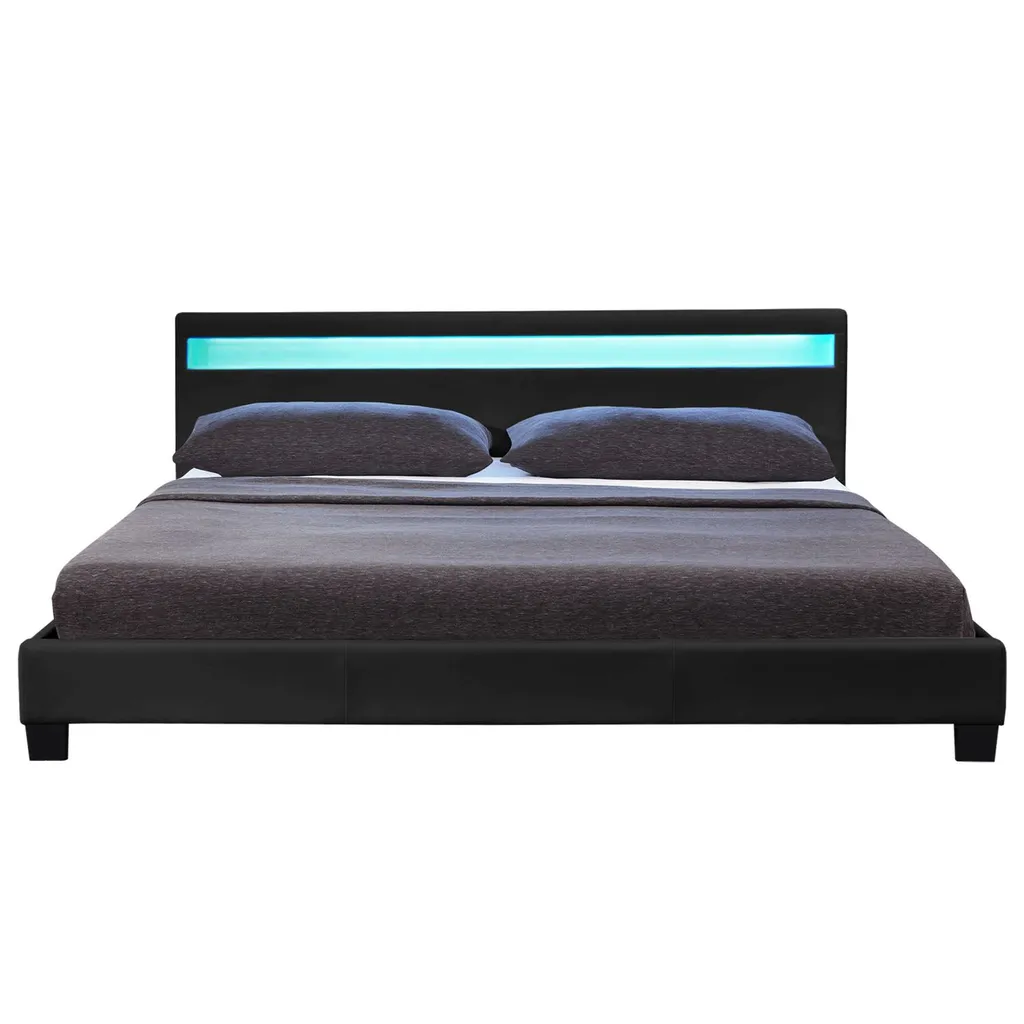 Juskys Polsterbett Paris 140 X 200 Cm Schwarz – Bettgestell Mit LED Beleuchtung, Lattenrost & Kopfteil – Kunstleder & Holz – Bett Jugendbett – Bild 7
