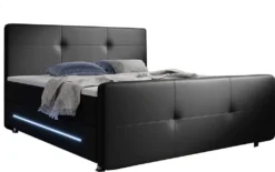 Juskys Boxspringbett Oakland 180 X 200 Cm – LED Beleuchtung, Bonell-Matratzen, Topper & Kunstleder – 58 Cm Komforthöhe – Schwarz – Bett Doppelbett
