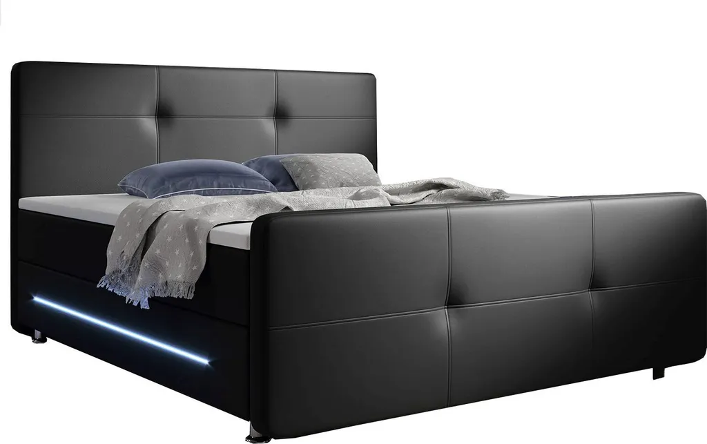 Juskys Boxspringbett Oakland 180 X 200 Cm – LED Beleuchtung, Bonell-Matratzen, Topper & Kunstleder – 58 Cm Komforthöhe – Schwarz – Bett Doppelbett