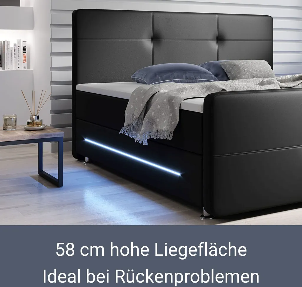 Juskys Boxspringbett Oakland 180 X 200 Cm – LED Beleuchtung, Bonell-Matratzen, Topper & Kunstleder – 58 Cm Komforthöhe – Schwarz – Bett Doppelbett – Bild 7