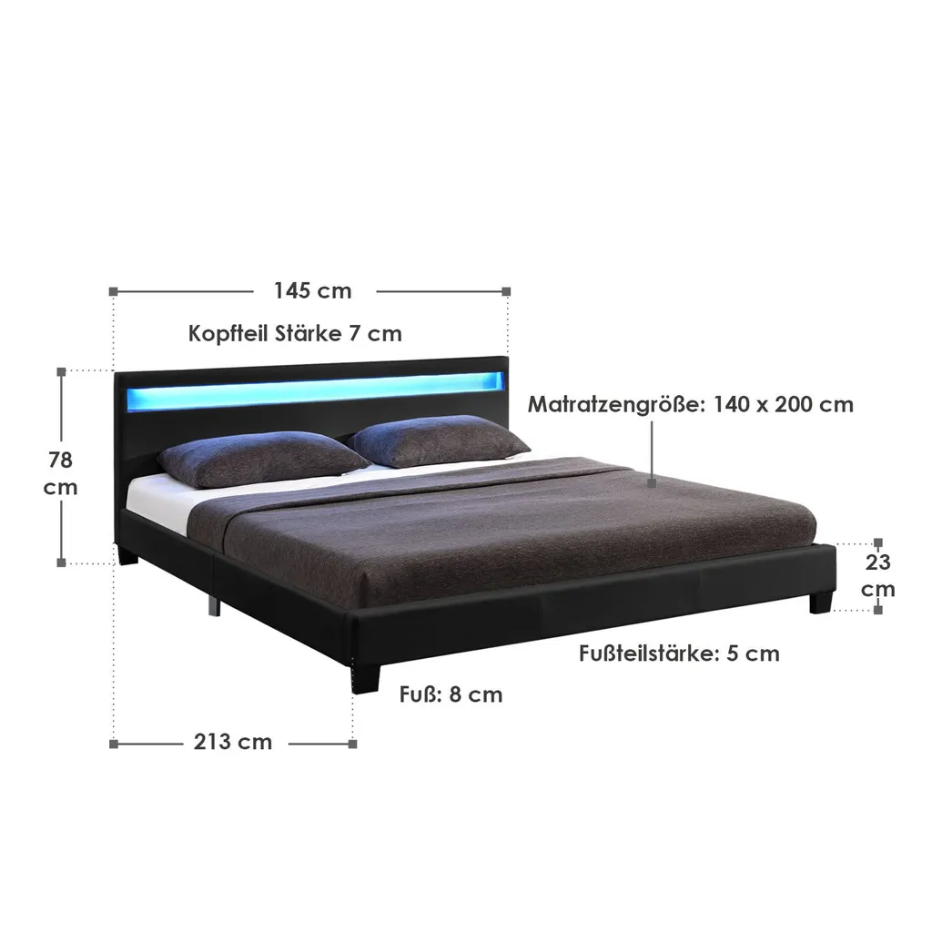 Juskys Polsterbett Paris 140 X 200 Cm Schwarz – Bettgestell Mit LED Beleuchtung, Lattenrost & Kopfteil – Kunstleder & Holz – Bett Jugendbett – Bild 14