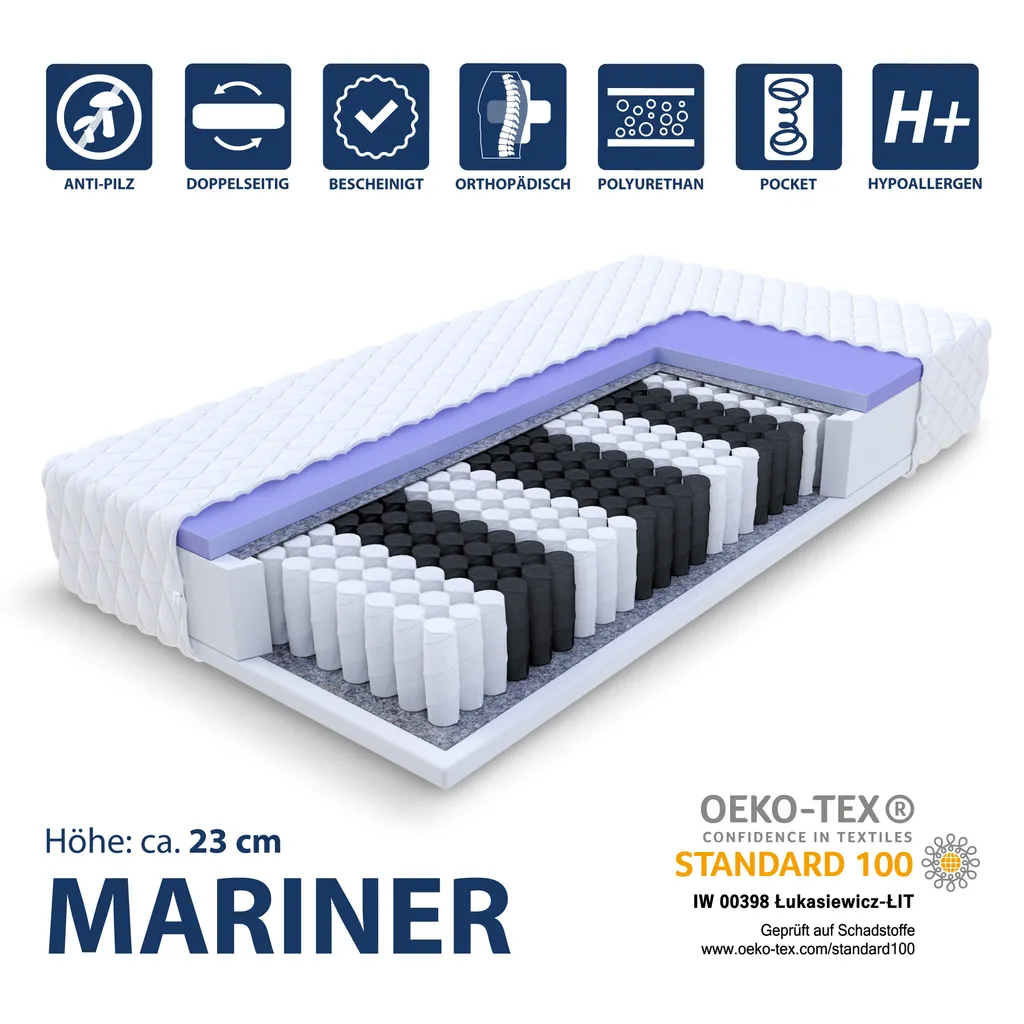 Matratze 140x200 Cm MARINER 7 Zonen H2 H3 Taschenfederkern Kaltschaum Höhe Ca. 23 Cm Mit Waschbarem Bezug Premium Jersey