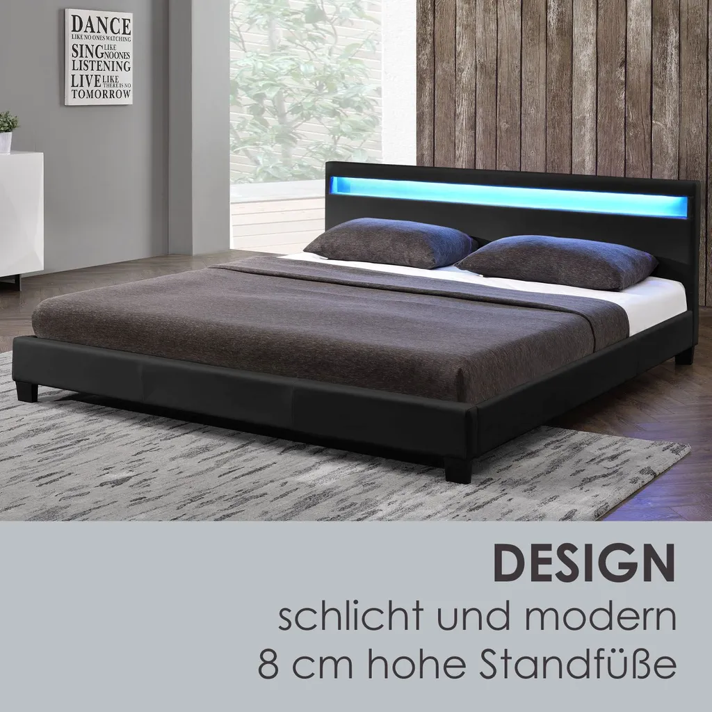 Juskys Polsterbett Paris 140 X 200 Cm Mit Matratze, Lattenrost, LED Beleuchtung & Kopfteil - Kunstleder & Holz - Bett Bettgestell Jugendbett - Schwarz – Bild 6