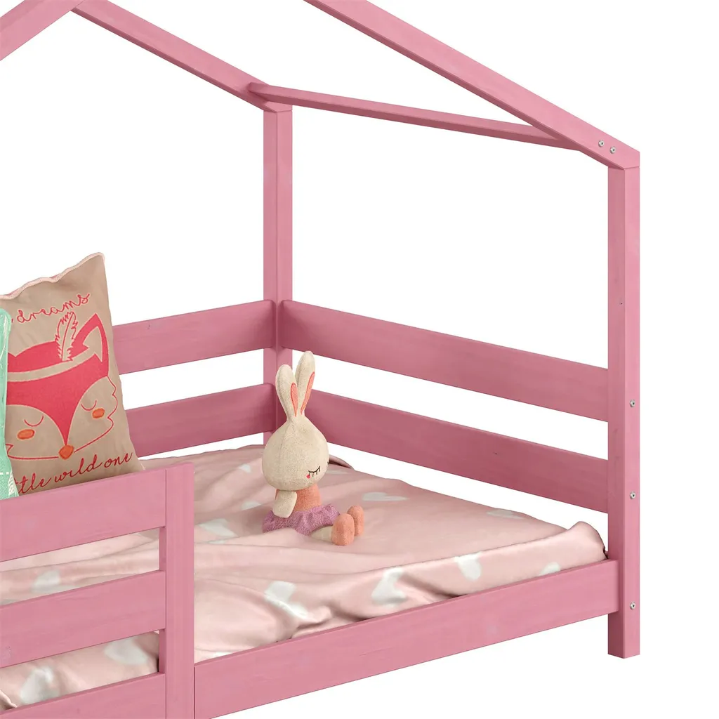 Hausbett RENA Aus Massiver Kiefer In Rosa, Schönes Montessori Bett Mit Rausfallschutz, Stabiles Kinderbett In 90 X 200 Cm – Bild 6