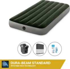 Intex Luftbett - 1 Person - 99 X 191 X 25 Cm - Grün - Mit Pumpe + Spannbettlaken Schwarz + Reperaturset