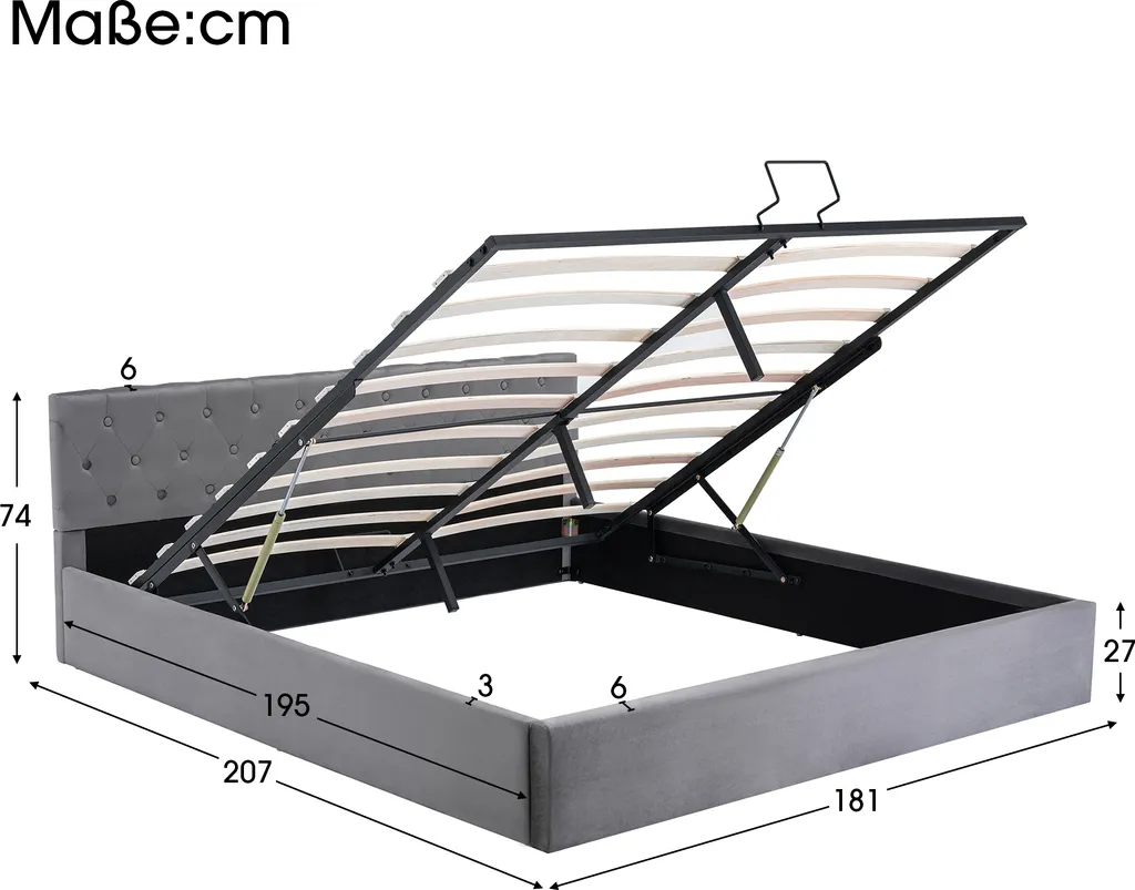 Polsterbett 180x200cm Bettgestell, Mit Lattenrost Rückenlehne Stauraum Bett Polsterbetten Holz Stauraumbett Doppelbett Erwachsenen Jugendbett, Grau Ohne Matratze – Bild 7