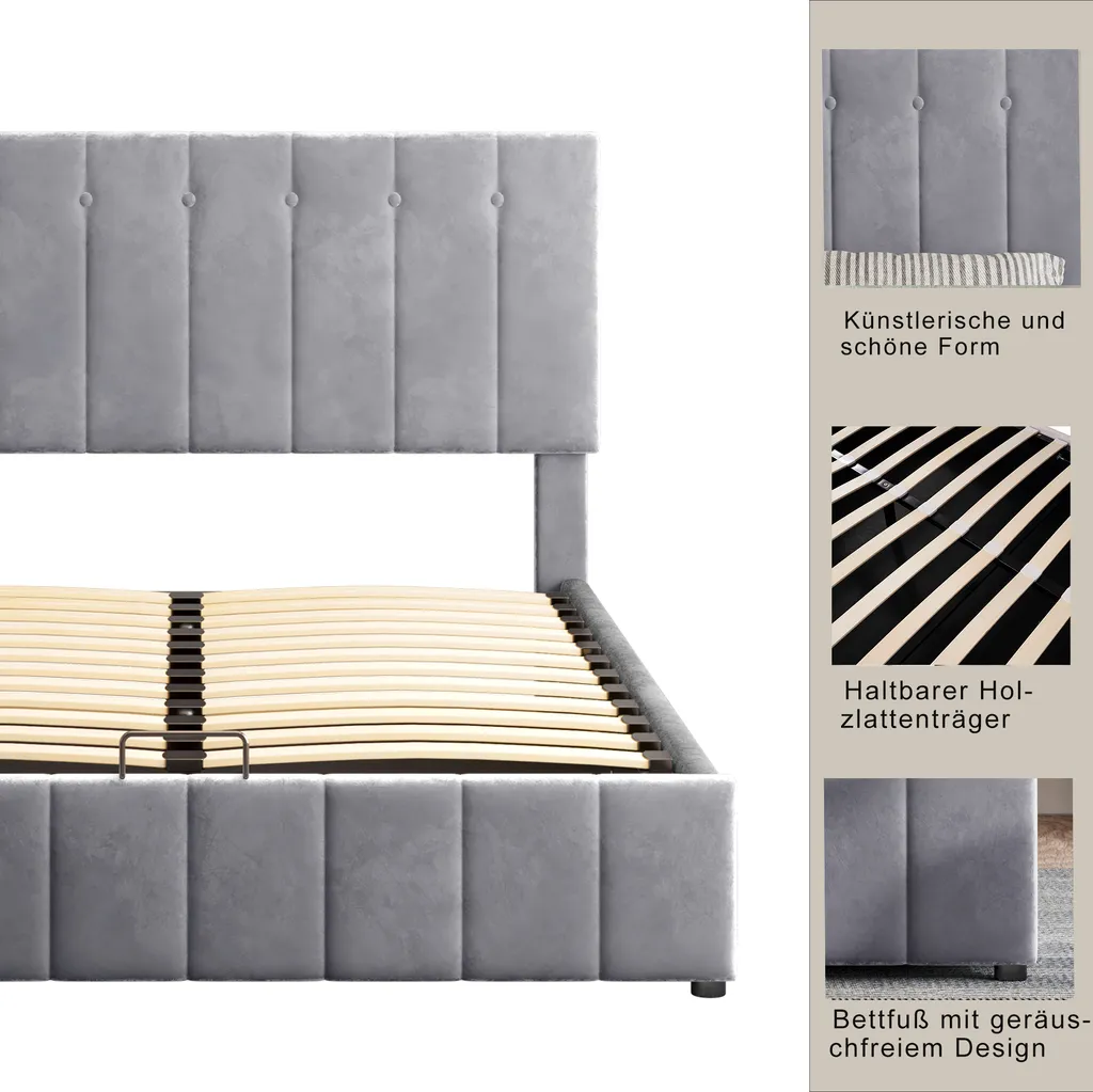 Polsterbett 140x200cm Bettgestell, Mit Polsterkopfteil Lattenrost Stauraum Bett Polsterbetten Doppelbett Holz Stauraumbett Erwachsenen Jugendbett, Grau Ohne Matratze – Bild 4