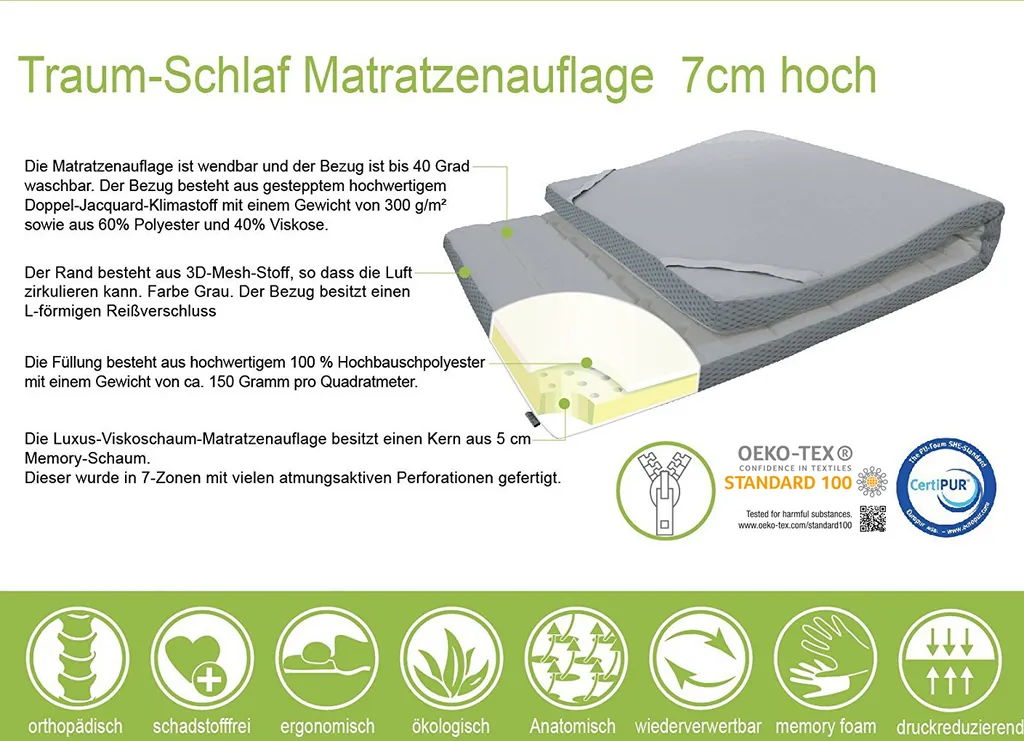 Mlily By Ebitop Matratzentopper Traum-Schlaf 7 Cm Höhe | Viskoelastische Auflage Für Matratze / Boxspringbett H2+, 100 X 200 Cm – Bild 5