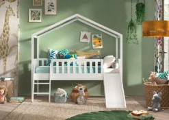 Vipack Hausbett Dallas Mit Leiter Und Rutsche, Liegefläche 90 X 200 Cm, Inkl. Rolllattenrost, Ausf. Kiefer Weiß Lackiert