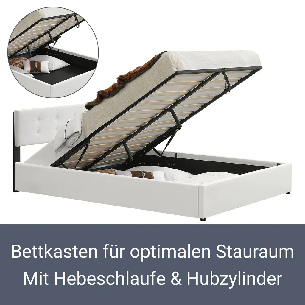 Juskys Polsterbett Marbella 140x200 Cm Mit Bettkasten & Lattenrost – Bettgestell Aus Kunstleder Und Holz – Bett Jugendbett Weiß – Bild 4