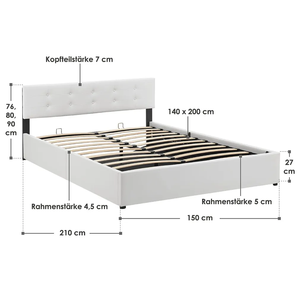 Juskys Polsterbett Marbella 140x200 Cm Mit Bettkasten & Lattenrost – Bettgestell Aus Kunstleder Und Holz – Bett Jugendbett Weiß – Bild 15