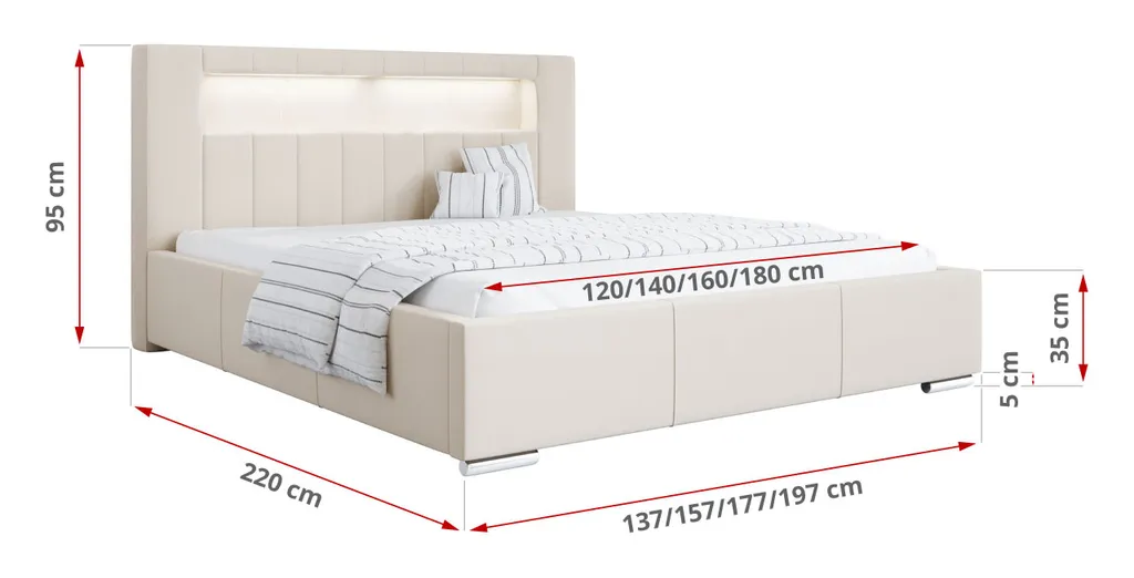 Polsterbett Mit Kopfteil - GOLD5 Mit LED Doppelbett Mit Bettkasten - Deko Bed Mit Lattenrost - 180x200 Cm Casablanka Creme – Bild 2