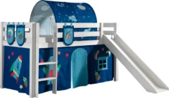 Vipack Spielbett Pino Inkl. Rutsche, Liegefläche 90x200 Cm Mit Textilset Vorhang, Tunnel Und 3 Taschen "Astro"