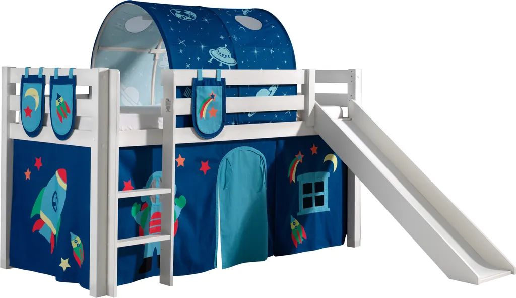 Vipack Spielbett Pino Inkl. Rutsche, Liegefläche 90x200 Cm Mit Textilset Vorhang, Tunnel Und 3 Taschen "Astro"