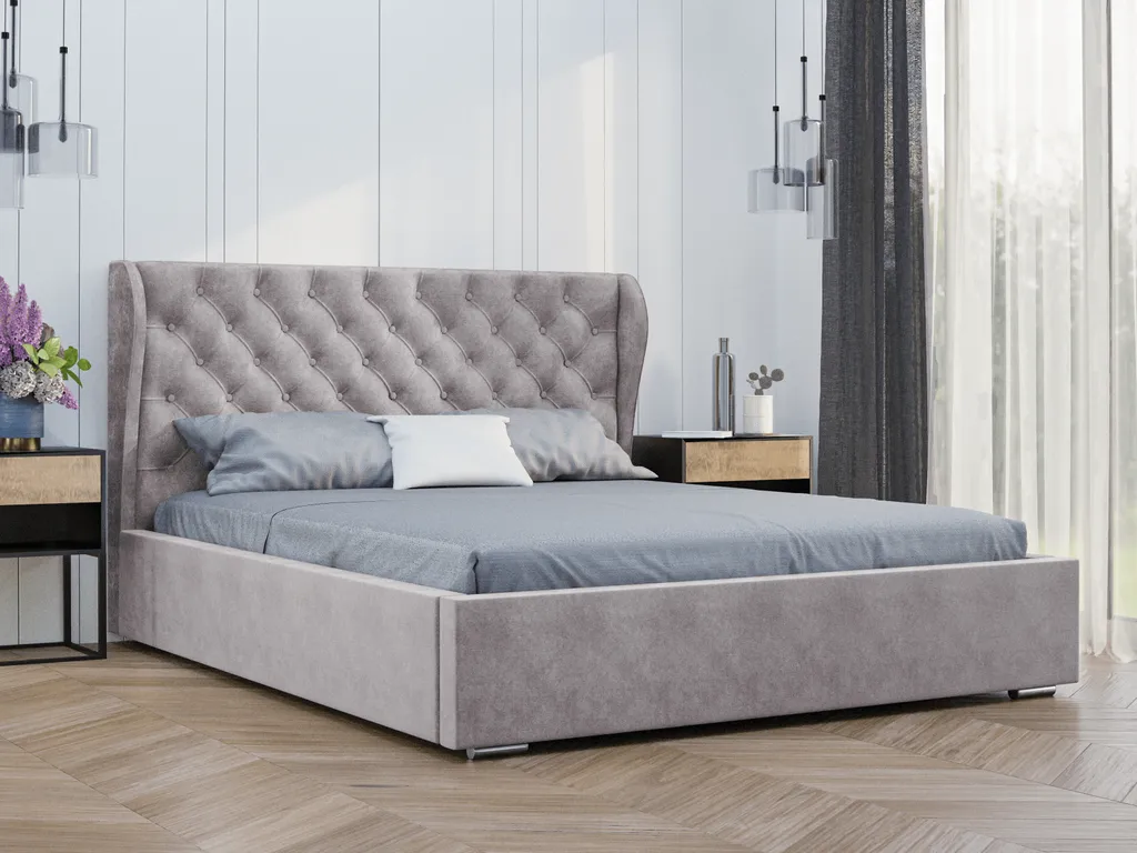 Elegantes Bett 200x200 Florence - Polsterbett Mit Velourstoff - Bettkasten & Lattenrost - Chesterfield Ohren Kopfteil - Grau (Vogue 14)