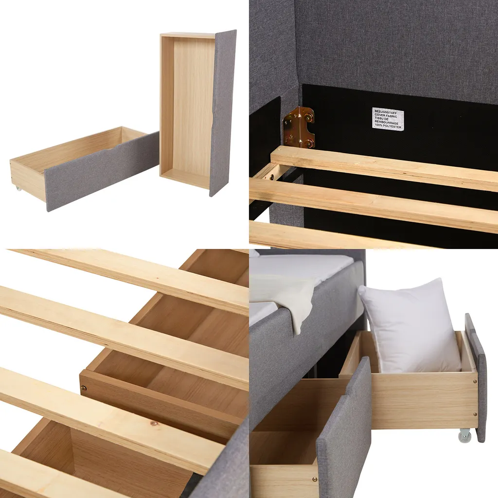 Homestyle4u 1987, Polsterbett 90x200 Cm Mit Bettkästen, Tagesbett Schlafcouch Gästebett Ausziehbar Grau – Bild 10