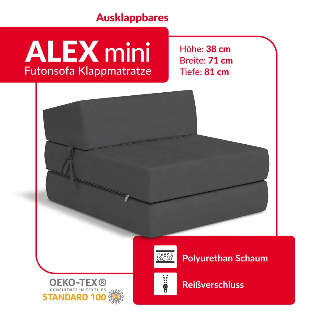 Klappmatratze 70x200 Cm Futonsofa Kaltschaum Polyurethan Höhe Ca. 9 Cm Microfibre Graphitgrau – Bild 2