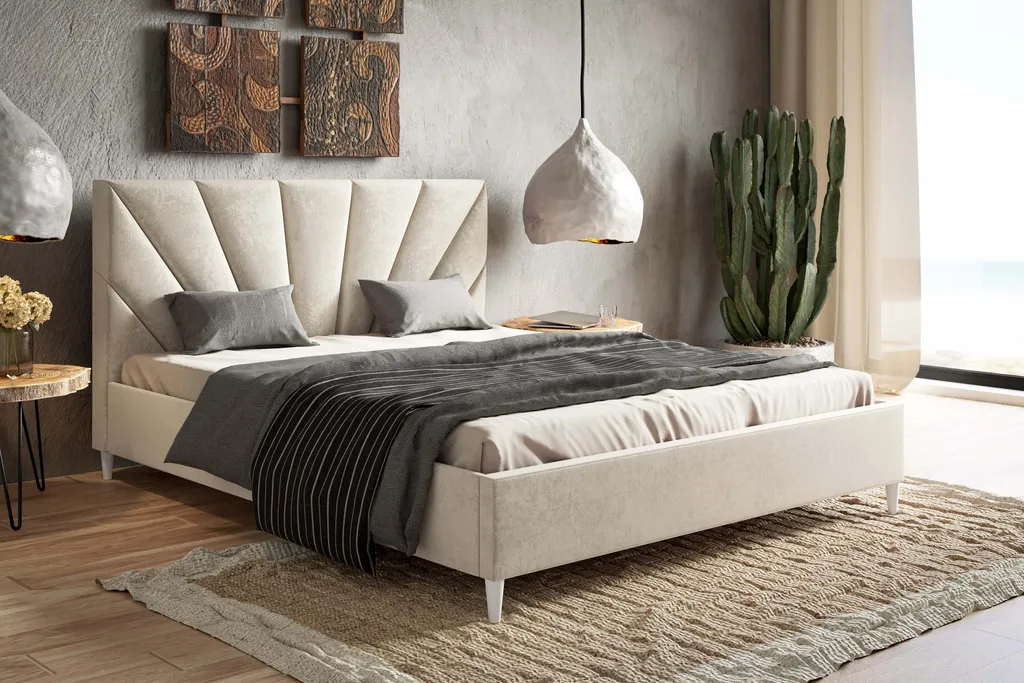 GRAINGOLD Samtbett 120x200 Fuzi - Doppelbett Mit Lattenrost - Skandinavischer Stil, Holzfüße - Beige