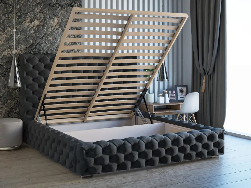 GRAINGOLD Glamour Polsterbett 200x200 Cm Heaven - Chesterfield Bett Mit Lattenrost - Groß Bettkasten, Velourstoff - Schwarz (Monolith 95) – Bild 3