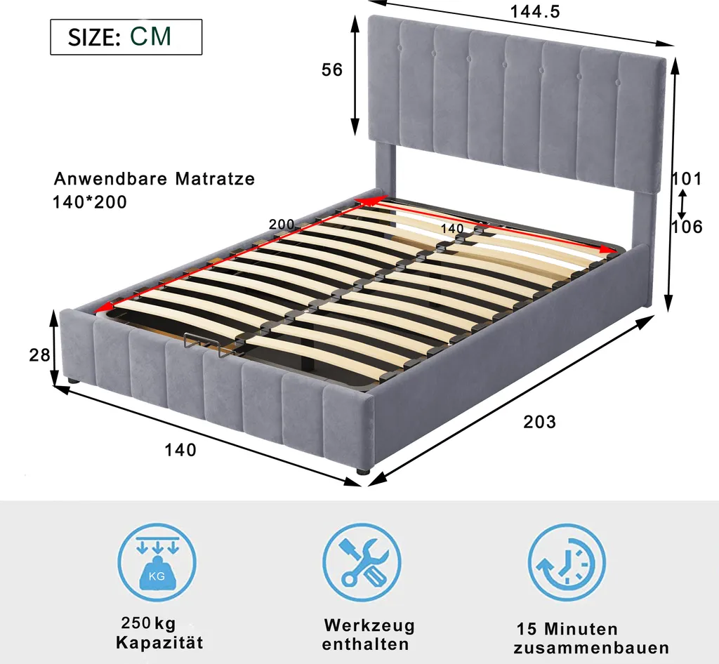 Polsterbett 140x200cm Bettgestell, Mit Polsterkopfteil Lattenrost Stauraum Bett Polsterbetten Doppelbett Holz Stauraumbett Erwachsenen Jugendbett, Grau Ohne Matratze – Bild 6