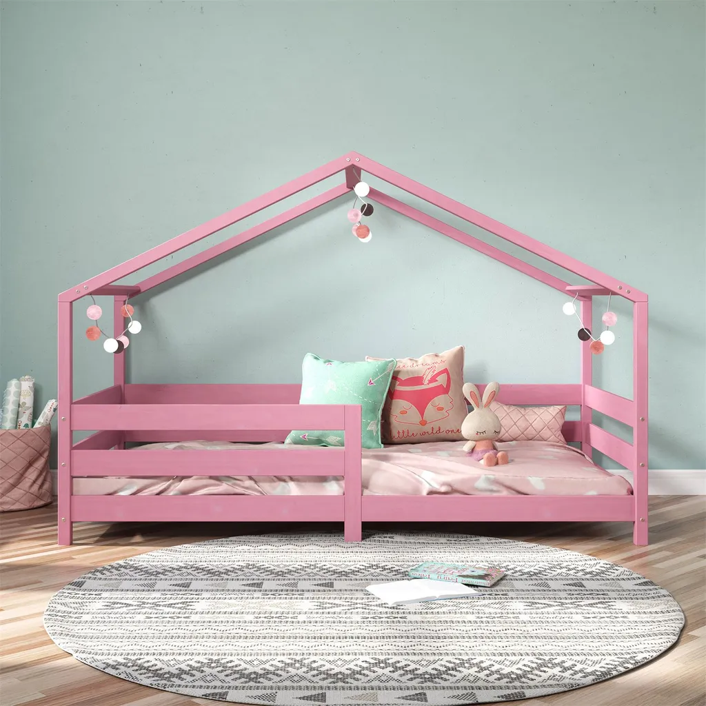 Hausbett RENA Aus Massiver Kiefer In Rosa, Schönes Montessori Bett Mit Rausfallschutz, Stabiles Kinderbett In 90 X 200 Cm – Bild 2