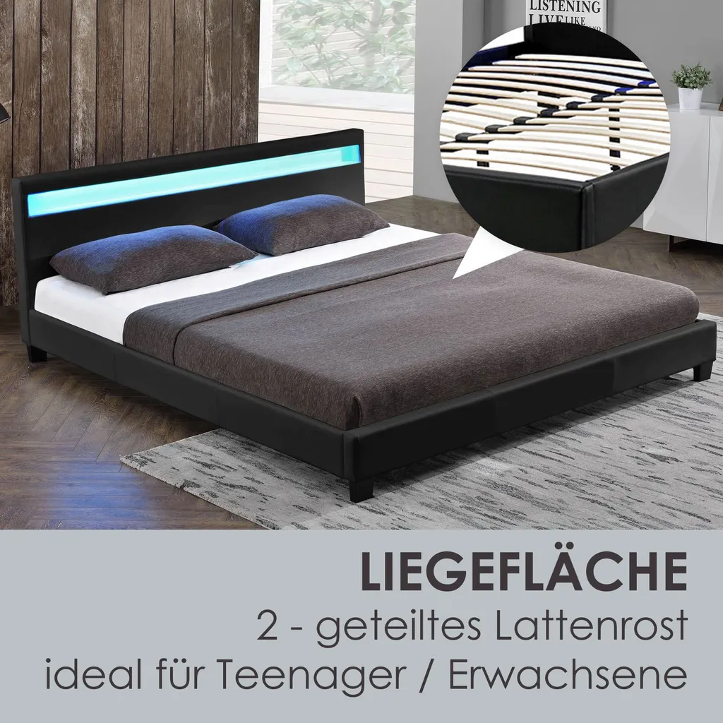 Juskys Polsterbett Paris 140 X 200 Cm Mit Matratze, Lattenrost, LED Beleuchtung & Kopfteil - Kunstleder & Holz - Bett Bettgestell Jugendbett - Schwarz – Bild 4